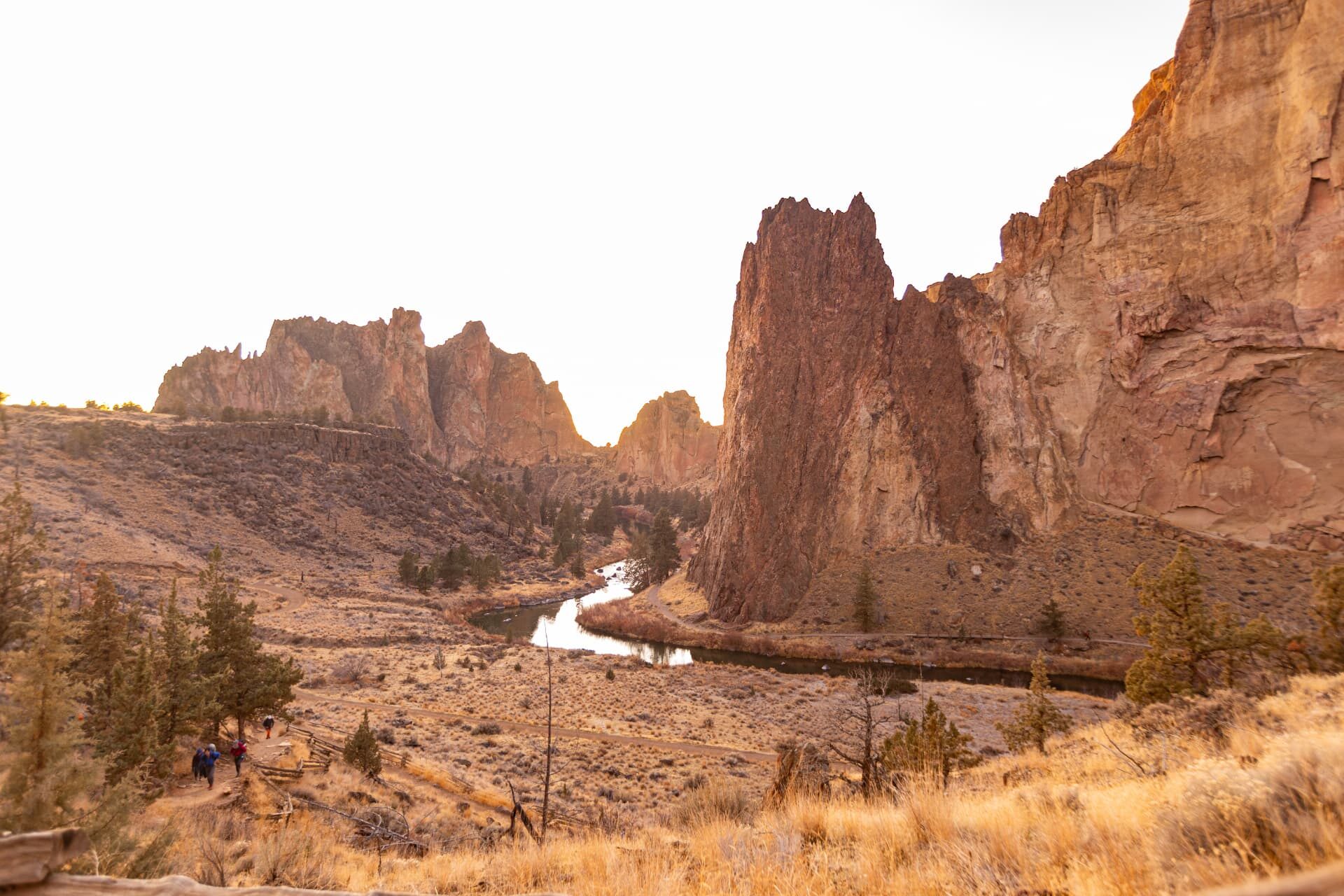 Sweeping view of Smith Rock State Park and the Crooked River at golden hour